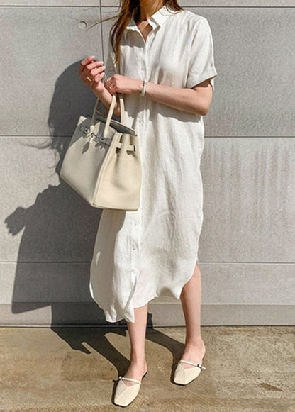 White Side Open Button Shirts Dresses Short Sleeve
