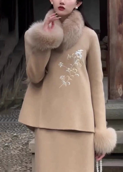 New Light Camel Fur Collar Button Patchwork Woolen Two-piece Set Winter