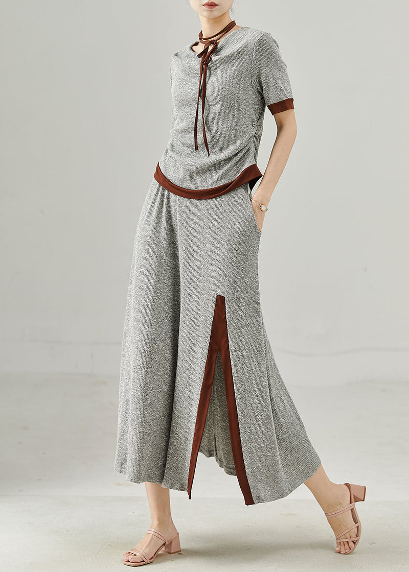 Natural Grey Patchwork Side Open Cotton Two Piece Set Clothing Summer
