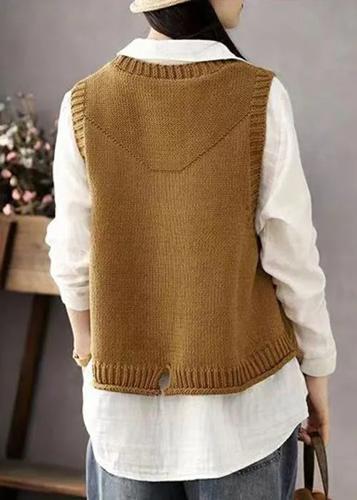 Khaki Button Pockets Patchwork Cotton Knit Waistcoat Sleeveless