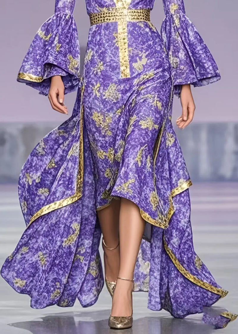 French Lavender Print Asymmetrical Exra Large Hem Party Dress Flare Sleeve
