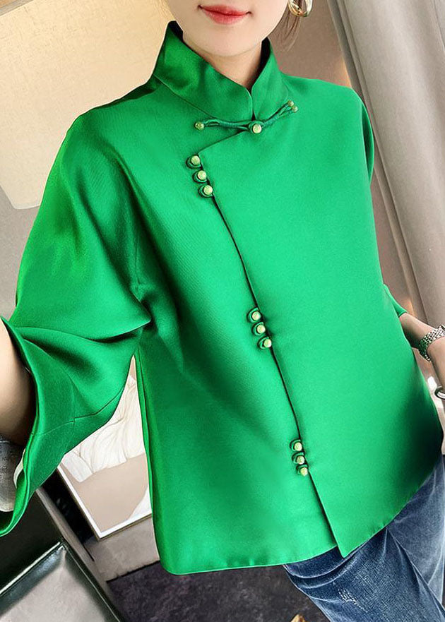 Chinese Style Green Button Stand Collar Silk Top Long Sleeve