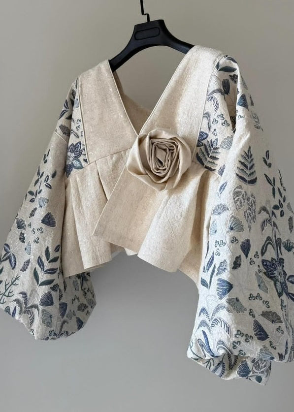 Original Design Beige V Neck Patchwork Cotton Coats Lantern Sleeve