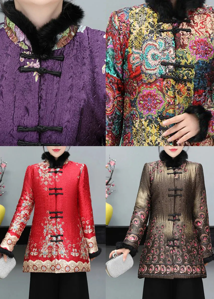 Purple Fur Collar Print Fine Cotton Filled Coat Long Sleeve