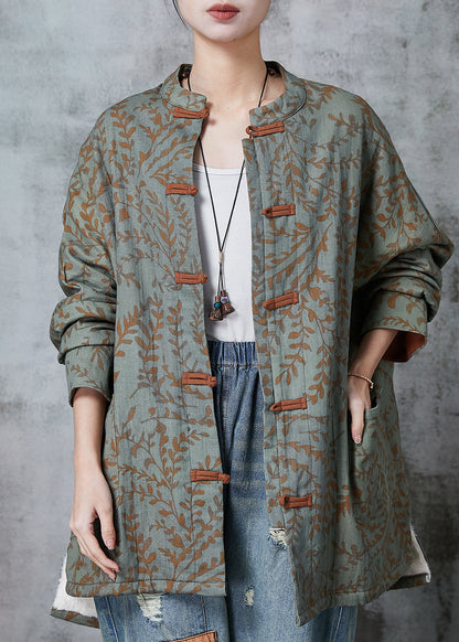 Green Oversized Print Cotton Oriental Coat Spring
