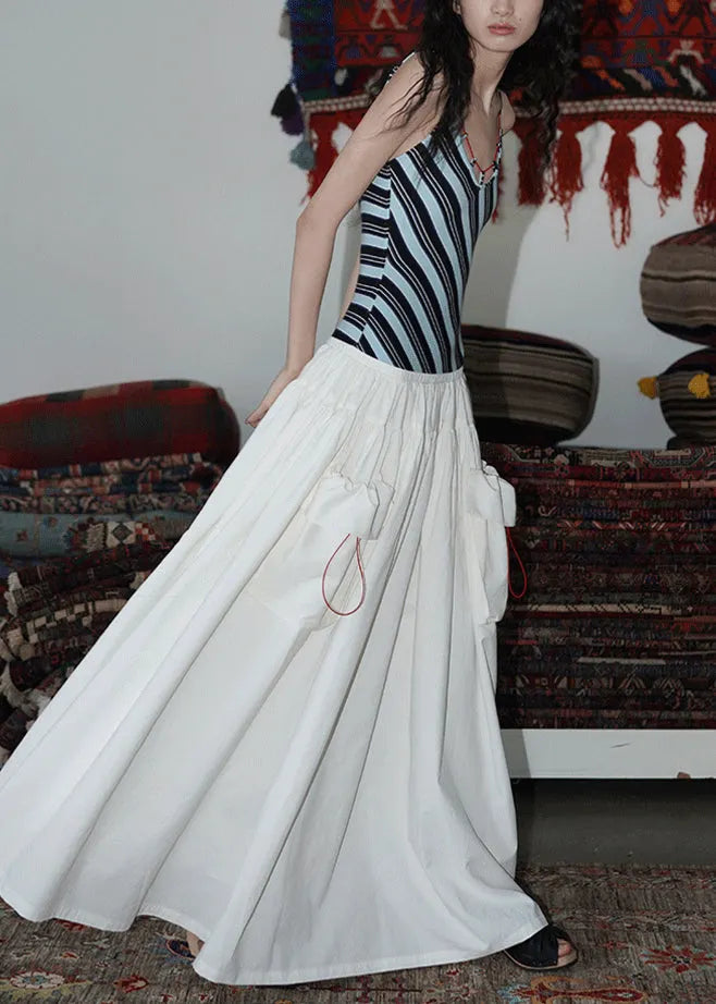 Slim Fit White Striped Pockets Patchwork Cotton Spaghetti Strap Dress Sleeveless