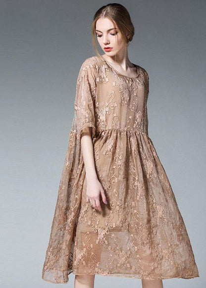 Loose Khaki O-neck Patchwork Summer Dress Half Sleeve