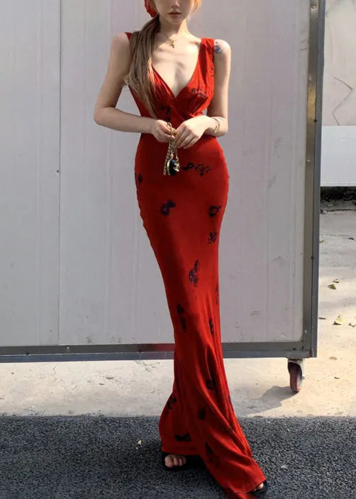 Slim Fit Red V Neck Print Lace Up Cotton Maxi Dresses Sleeveless