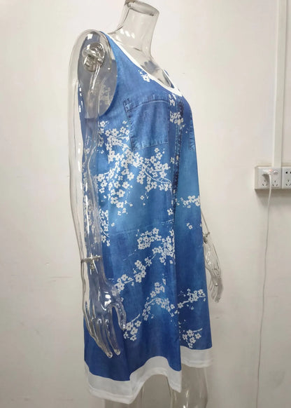 Italian Bird Print False Two Pieces Denim Mid Dress Sleeveless