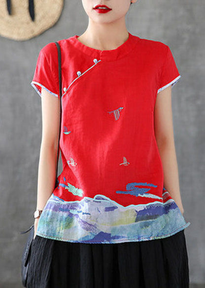 Red Embroideried Chinese Button Cotton Tank Short Sleeve