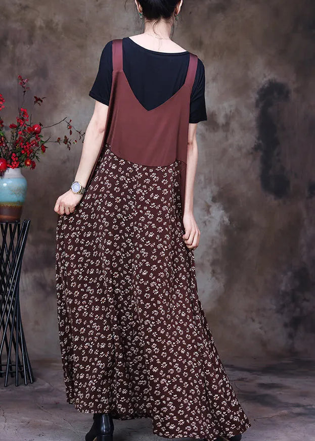 Fitted Chocolate Patchwork Print Chiffon Strap Dress and Cotton Tank Two Piece Set Outfits Summer