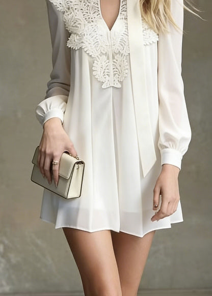 Italian White Lace Patchwork Chiffon Mini Dress Spring