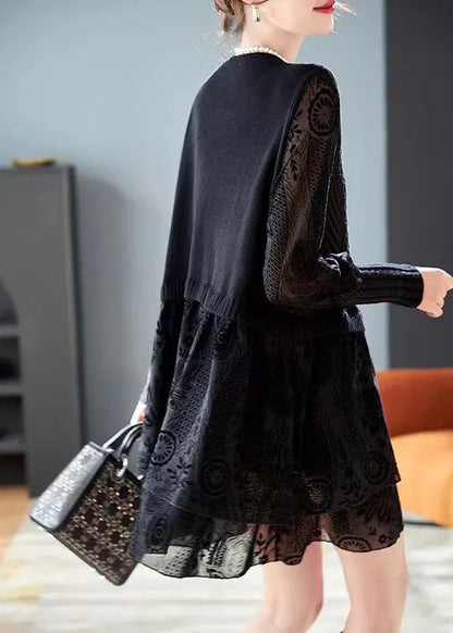 Italian Black Jacquard Patchwork False Two Pieces Knit Short Dress Spring