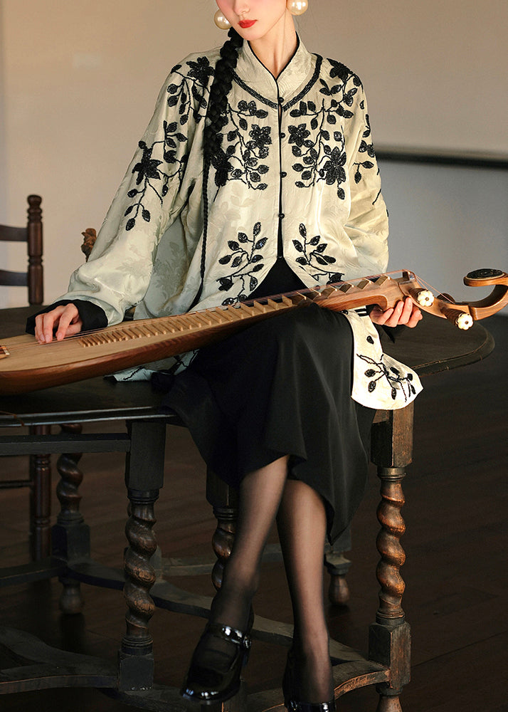 Original Stand Collar Embroideried Silk Two Piece Suit Set Fall