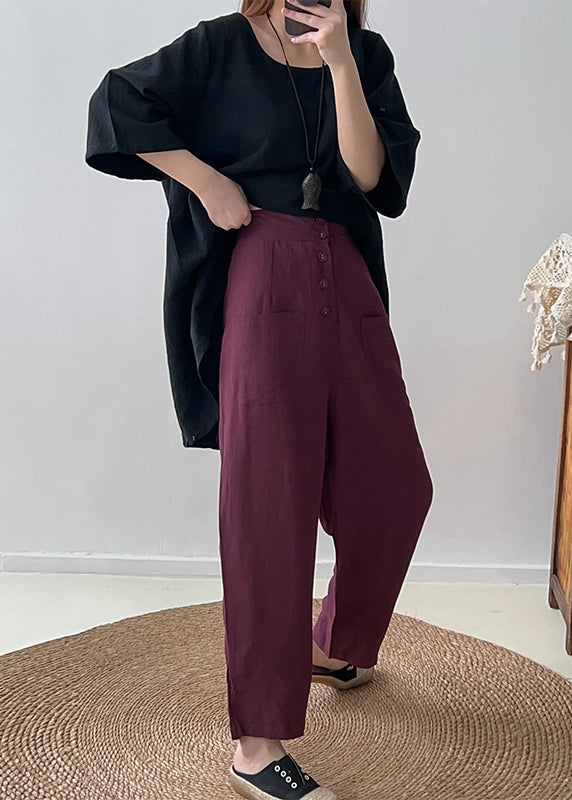 Purple High Waist Button Down Cotton Pants Trousers Fall