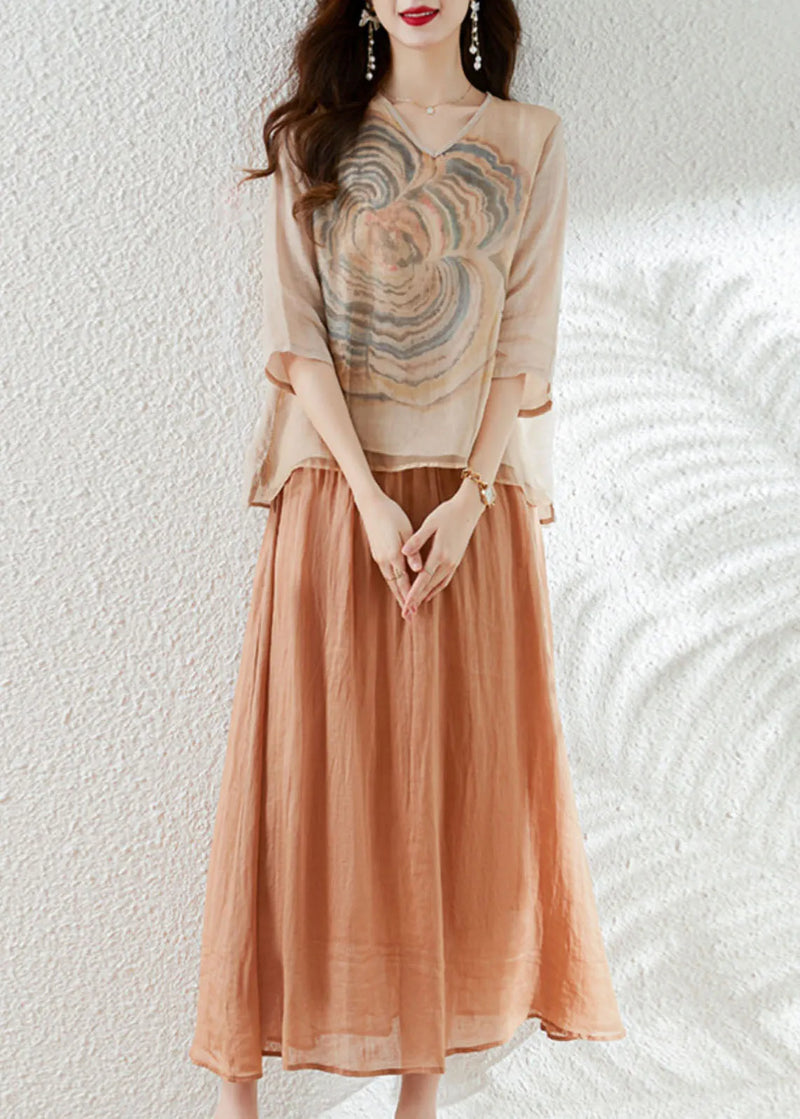 French Apricot V Neck Print Patchwork Tops and Skirts Cotton Two Pieces Set Summer