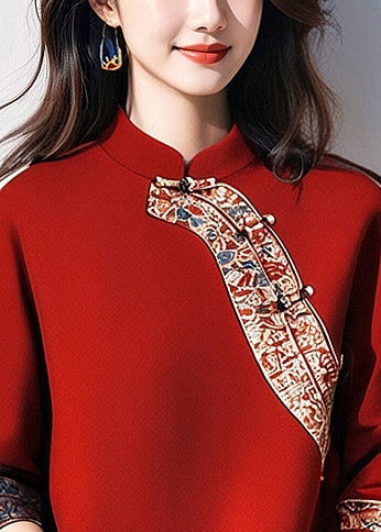 Red Mandarin Collar Patchwork Cotton Pullover Tops Spring