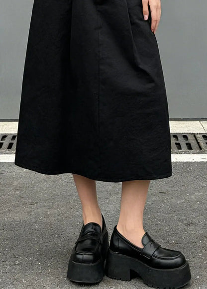 Stylish Black Pockets Wrinkled Denim Skirt Spring