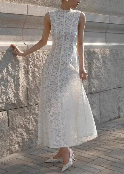 Slim Fit White High Waist Lace Long Dress Sleeveless