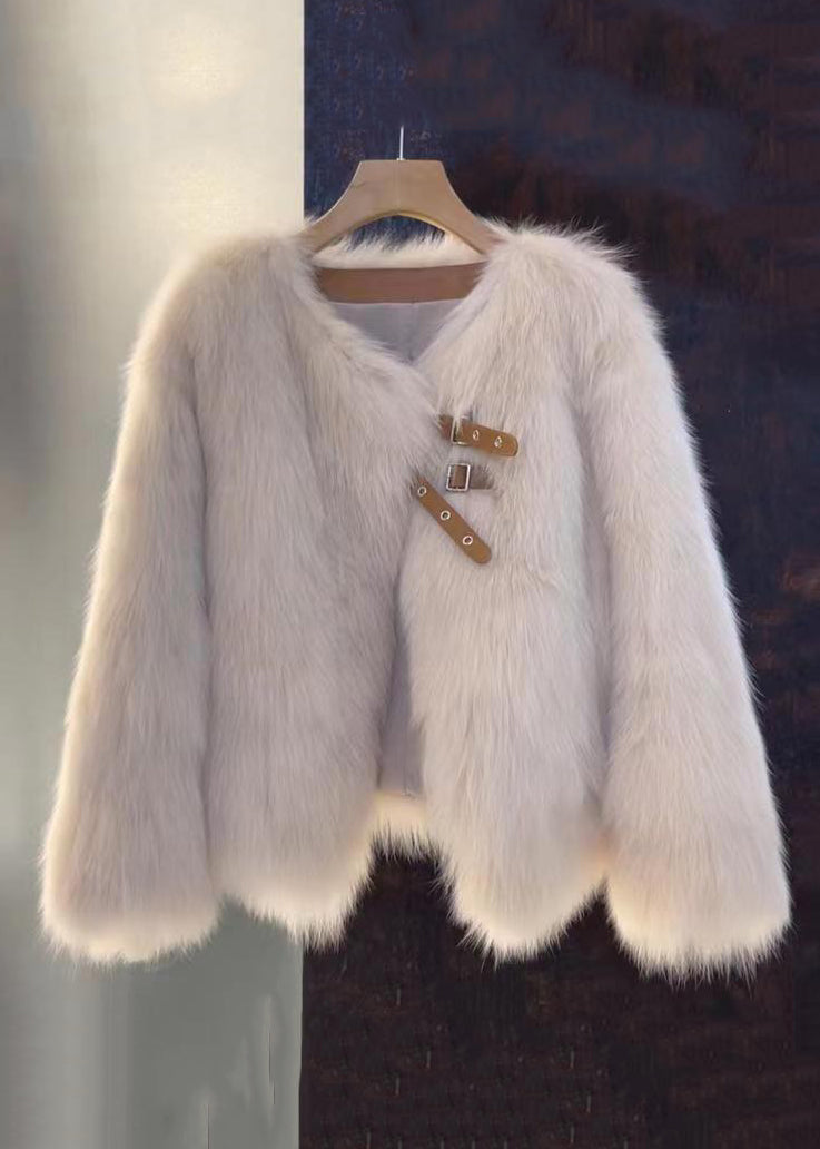 Coffee Button Leather and Fur Coat Long Sleeve