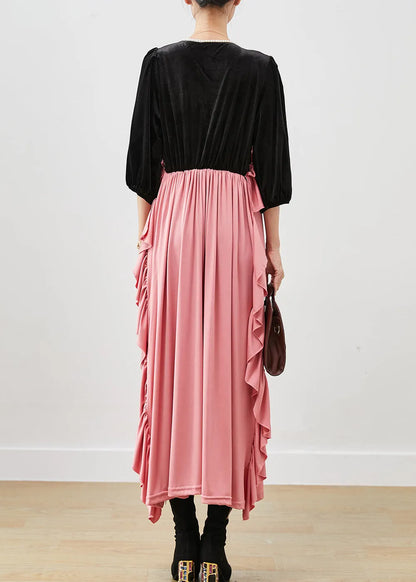 Colorblock Ruffled Patchwork Silk Velour Long Dress Fall