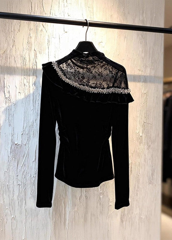 Black Lace Patchwork Silk Velour Top Spring