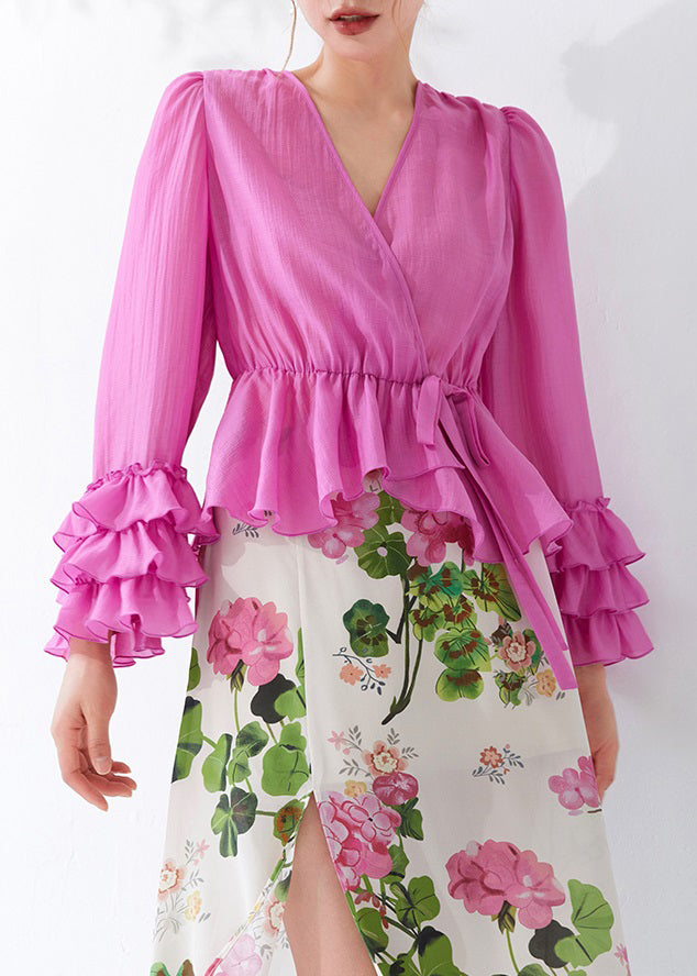 Pink Ruffled Lace Up Cotton Shirt Long Sleeve