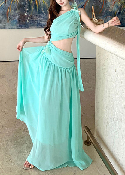 Beach Light Green One Shoulder Asymmetrical Chiffon Long Dresses Summer