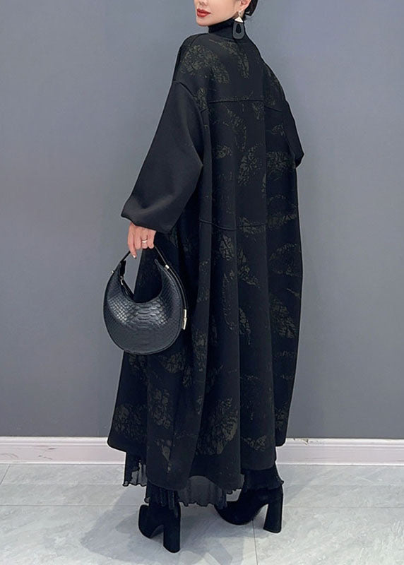 Black V Neck Print Button Maxi Coat Fall
