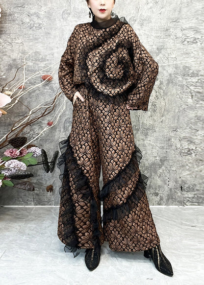 Original Coffee Ruffled Patchwork Tops and Pants Cotton Two Pieces Set Fall