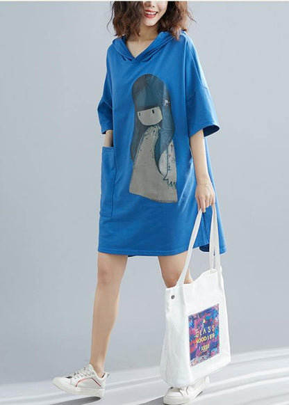 Blue Appliques Cotton Hooded Summer Party Dress