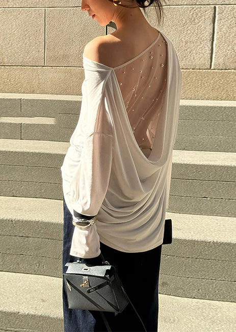 White Backless Patchwork Tulle Shirt Top Summer