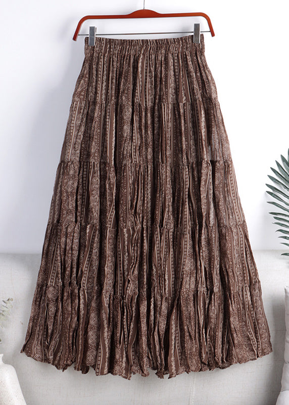 Brown Print Higt Waist a Line Skirt Fall