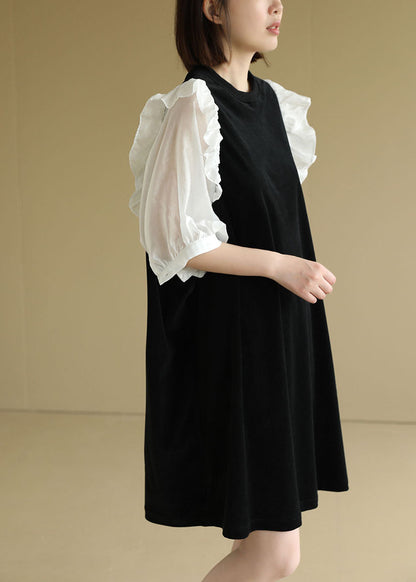 Black O-neck Patchwork Ruffles Velour a Line Dress Half Sleeve