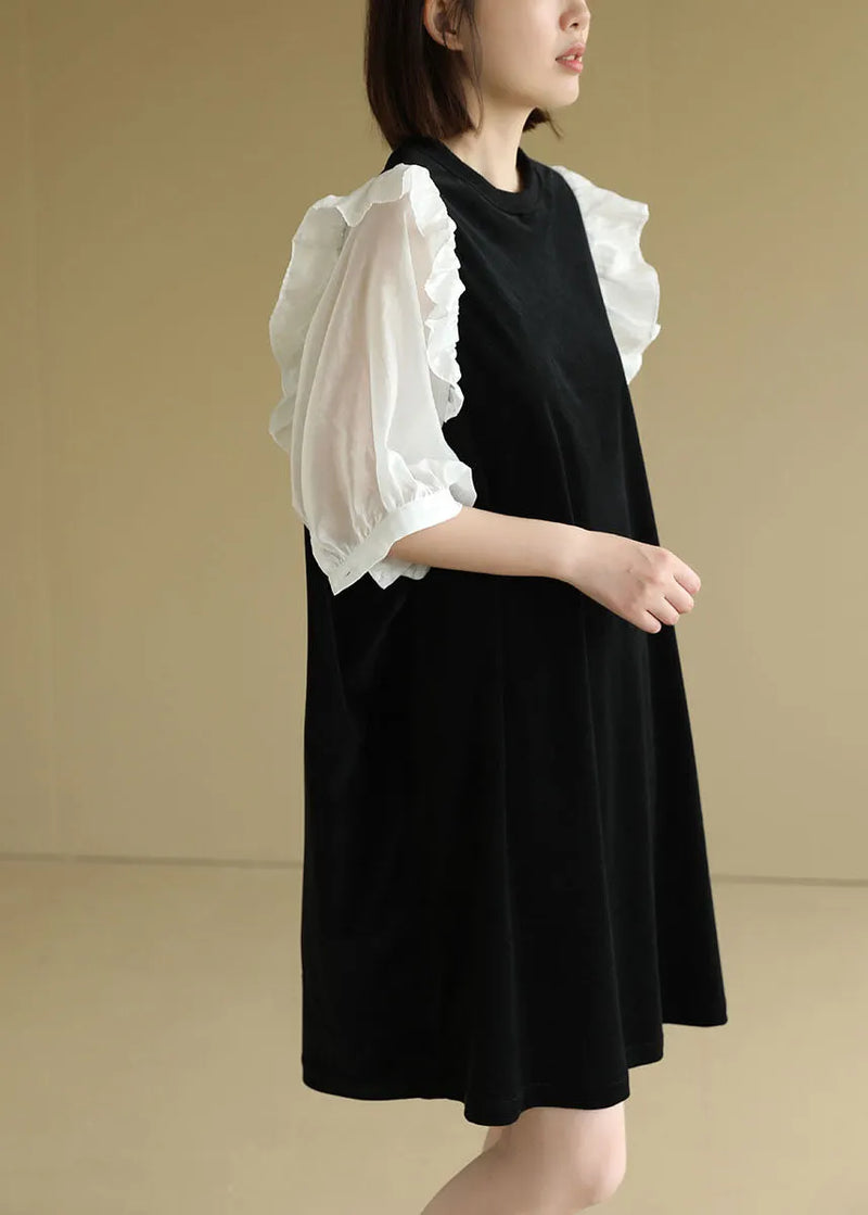 Black O-neck Patchwork Ruffles Velour a Line Dress Half Sleeve