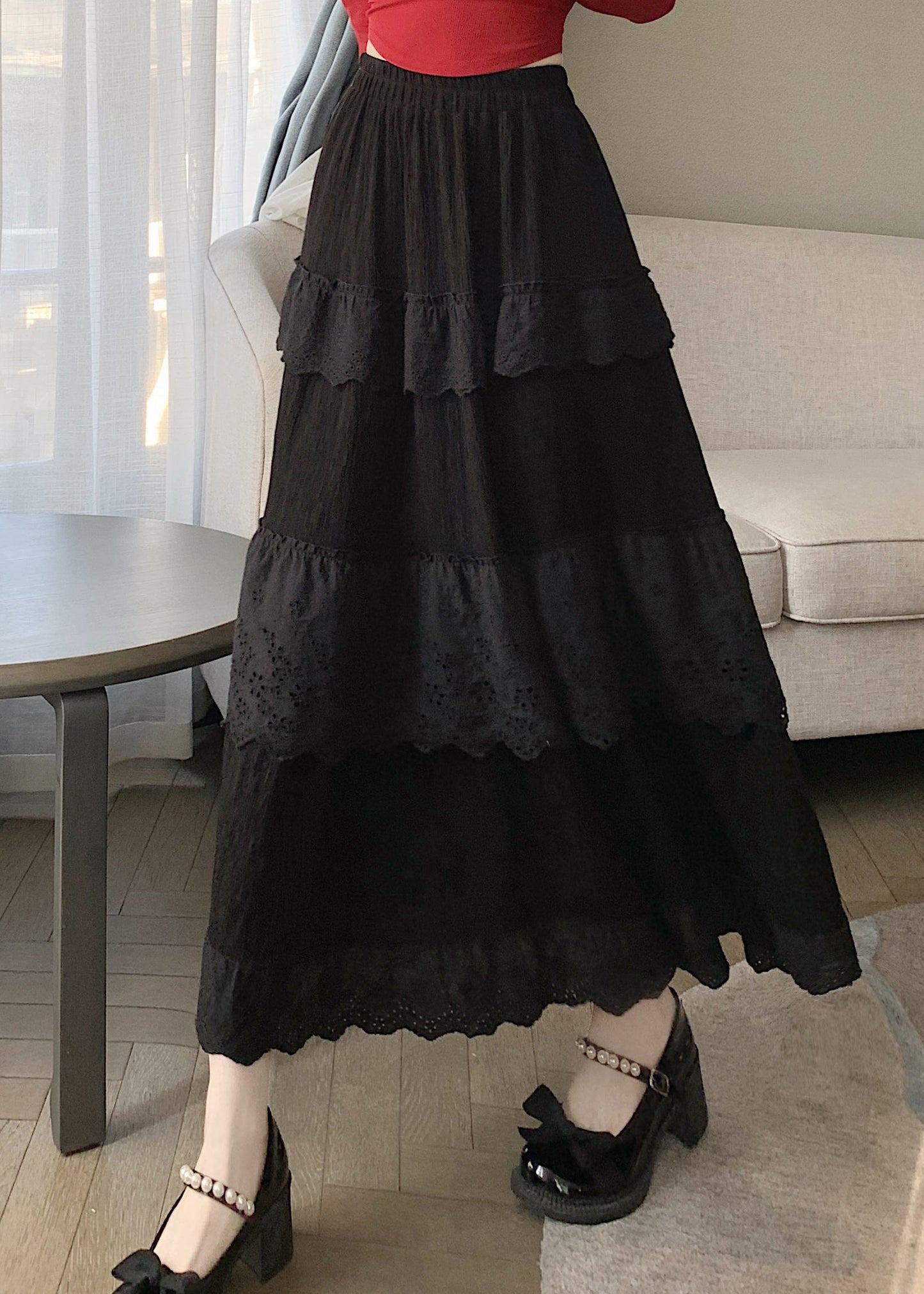 Black High Waist Patchwork Cotton Skirts Summer