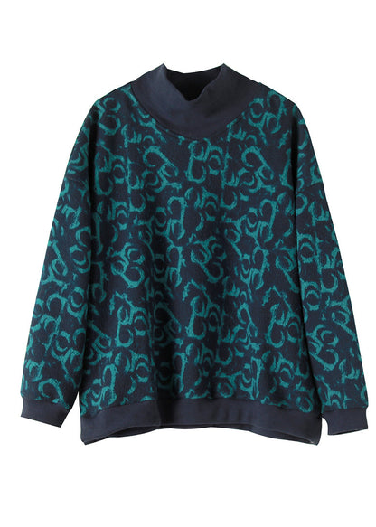 Navy Turtle Neck Print Cotton Sweatshirt Spring