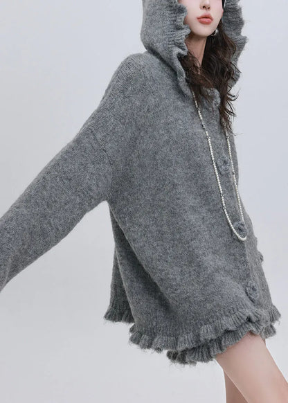 Grey Cotton Knit Hooded Cardigan and Skirts Two Pieces Set Puff Sleeve
