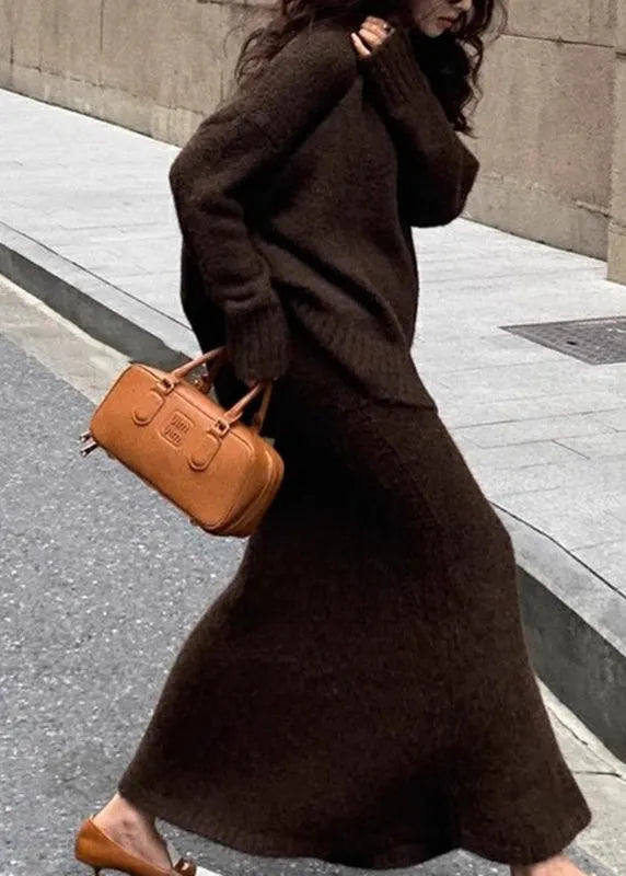 Brown Cozy Cotton Knit Sweaters and Maxi Skirts Two Pieces Set Winter