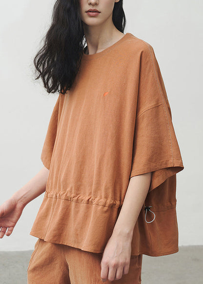 Orange O Neck Drawstring Cotton T Shirt Summer
