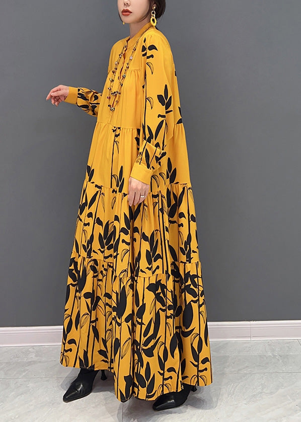 Yellow Stand Collar Print Wrinkled Button Maxi Dresses Long Sleeve