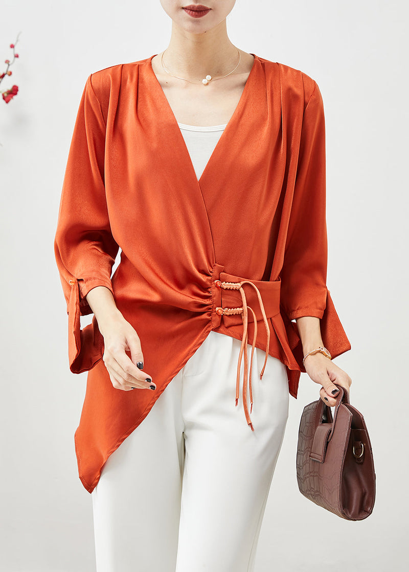 Orange Asymmetrical Cinched Tasseled Silk Top Fall