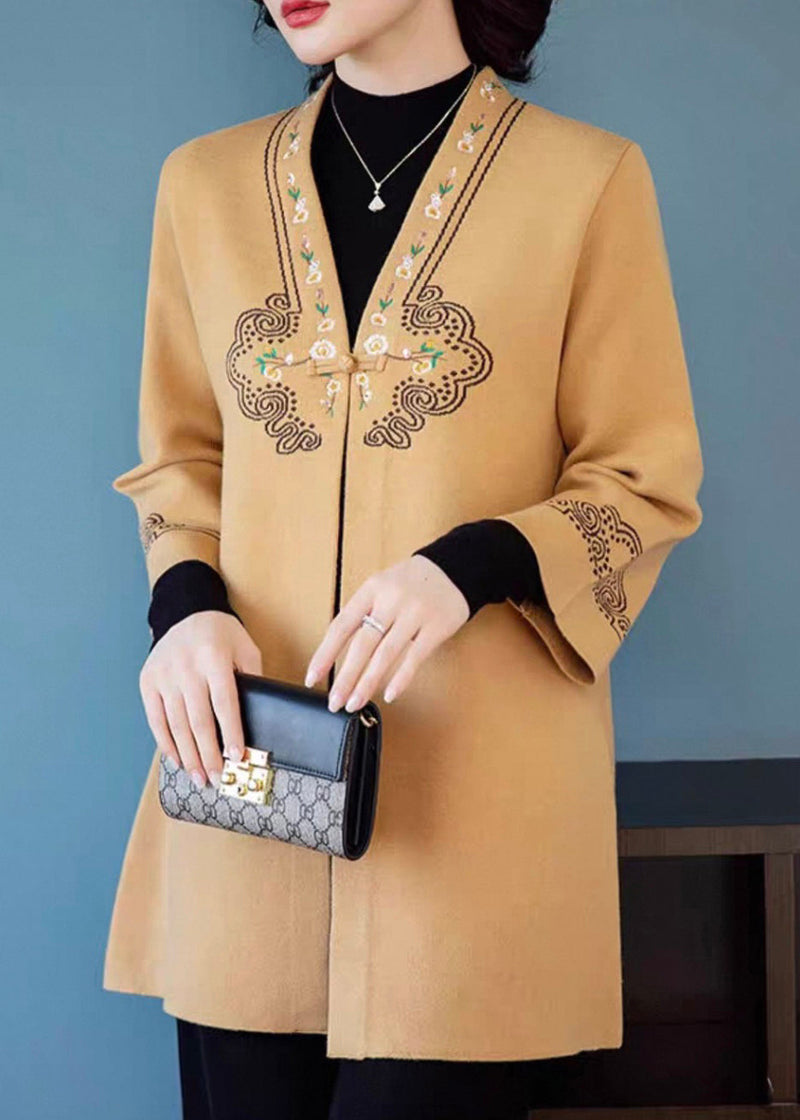 Yellow V Neck Pockets Woolen Coats Three Quarter Sleeve