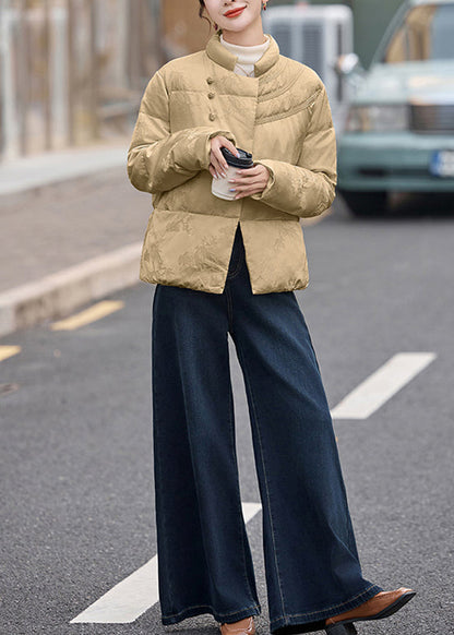 Khaki Stand Collar Chinese Button Duck Down Puffer Coat Winter