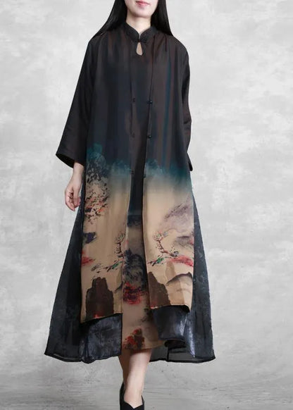 Mountain Paitings Satin Outfit Two Pieces Kaftan Dress