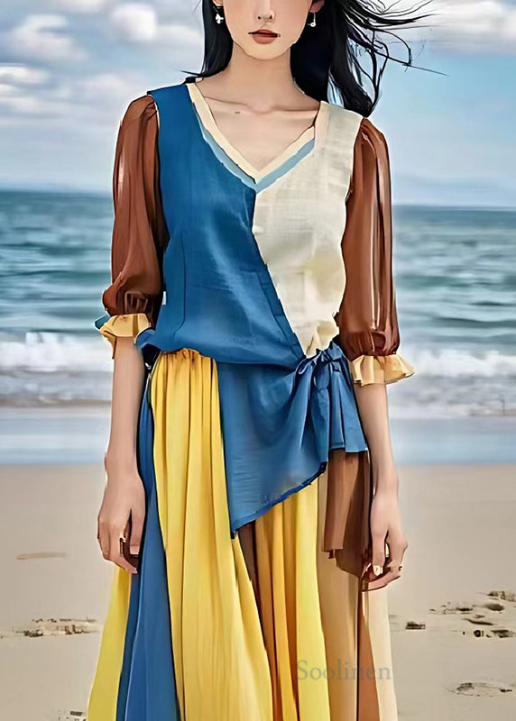 Colorblock Asymmetrical Patchwork Linen Cinched Dress Summer