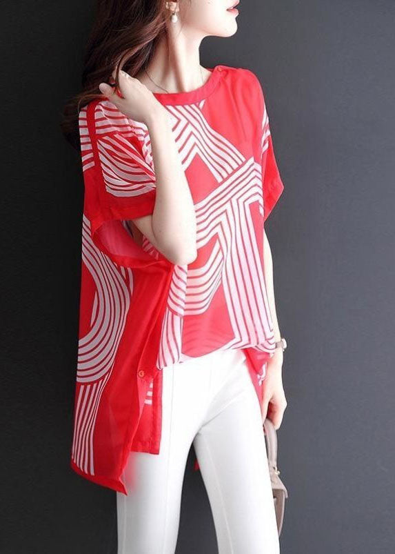 Red O Neck Print Patchwork Chiffon Tops Batwing Sleeve