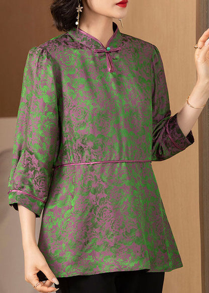 Green Stand Collar Print Patchwork Silk Tops Three Quarter Sleeve