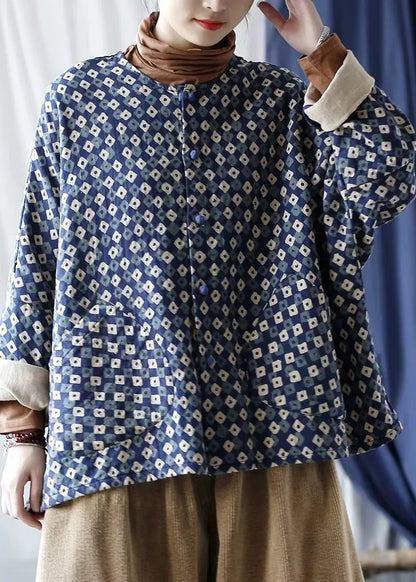 Blue Oversized Print Linen Coat Spring