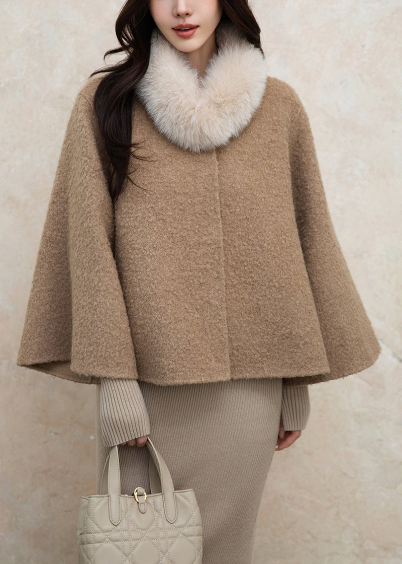 Loose Brown Fox Collar Button Woolen Coats Winter